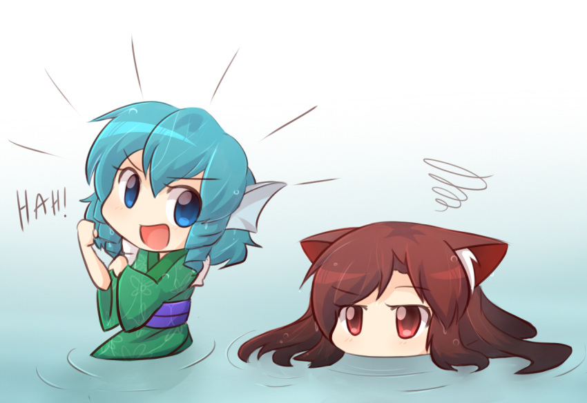 &gt;:d 2girls :d animal_ears blue_eyes blue_hair blush brown_hair clenched_hand drill_hair head_fins imaizumi_kagerou in_water japanese_clothes kimono long_hair long_sleeves looking_at_viewer mermaid monster_girl multiple_girls obi open_mouth partially_submerged red_eyes sash short_hair smile touhou twin_drills wakasagihime water wet wet_hair wide_sleeves wolf_ears wool_(miwol)