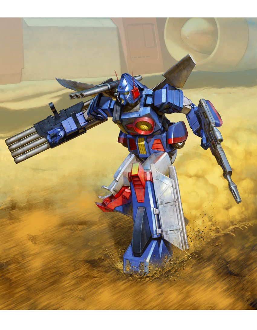 absurdres cannon desert dust energy_gun gun highres iron_gear landship mecha realistic rifle rocket_launcher science_fiction sentou_mecha_xabungle weapon xabungle_(mecha)