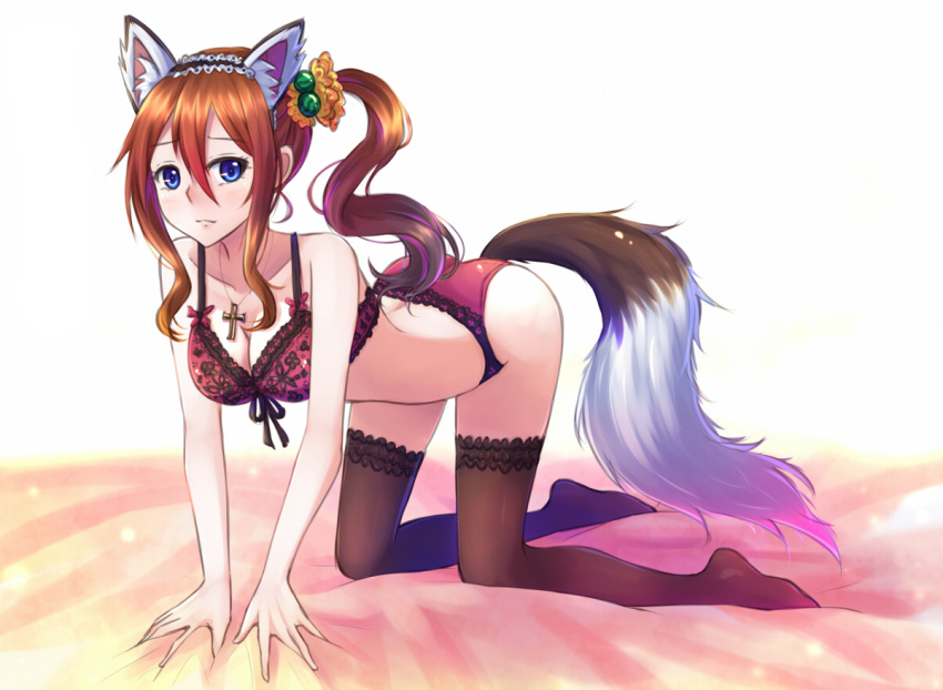 1girl all_fours animal_ears black_legwear blue_eyes blush bra breasts brown_hair cleavage cross fox_ears fox_tail front-tie_top hair_bobbles hair_ornament jewelry lace lace-trimmed_bra lace-trimmed_panties lace-trimmed_thighhighs large_breasts long_hair necklace original panties red_bra red_panties side_ponytail solo suikakitsu_shiro tail thigh-highs underwear underwear_only