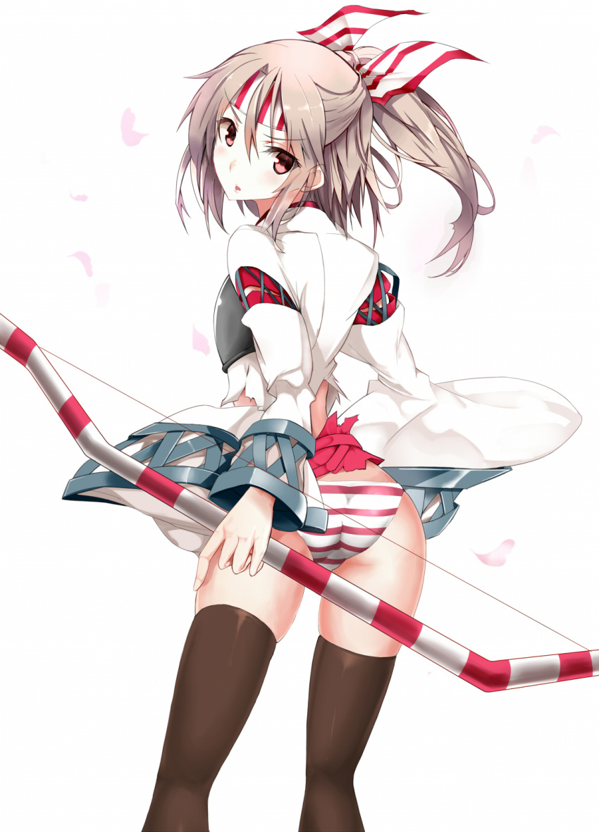 1girl :o archery ass black_legwear blush bow bow_(weapon) brown_hair from_behind highres japanese_clothes kantai_collection kurume_shou kyuudou looking_at_viewer looking_back muneate panties petals red_eyes short_ponytail skirt solo striped striped_panties thigh-highs torn_clothes torn_skirt underwear weapon zuihou_(kantai_collection)