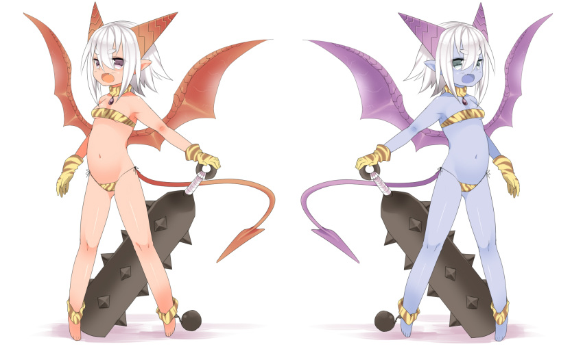 2girls demon_girl gloves highres horns mofuaki multiple_girls open_mouth original simple_background symmetry tail weapon white_background wings