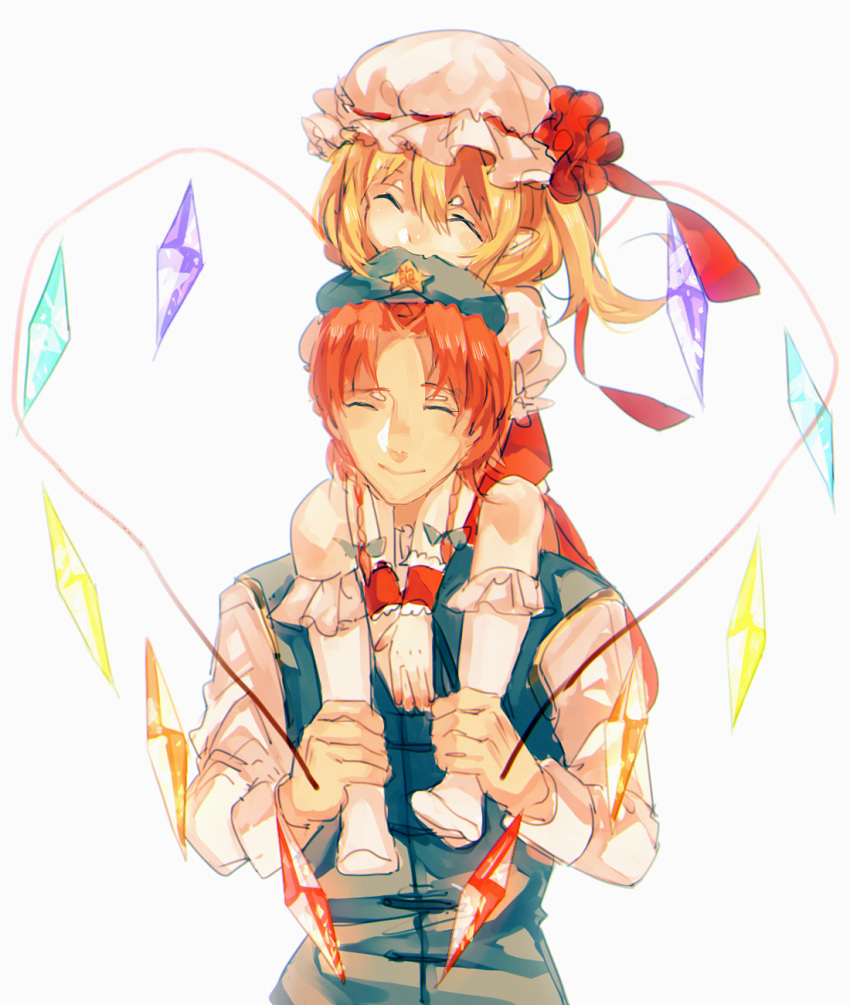 1boy 1girl ^_^ biting blonde_hair braid carrying closed_eyes fang flandre_scarlet genderswap hands_together hat hat_biting hat_ribbon highres hong_meiling kneehighs long_sleeves mob_cap no_shoes pointy_ears puffy_short_sleeves puffy_sleeves redhead ribbon short_hair short_sleeves shoulder_carry side_ponytail simple_background sketch smile star tian_(my_dear) touhou twin_braids v_arms vest white_background white_legwear wings wrist_cuffs