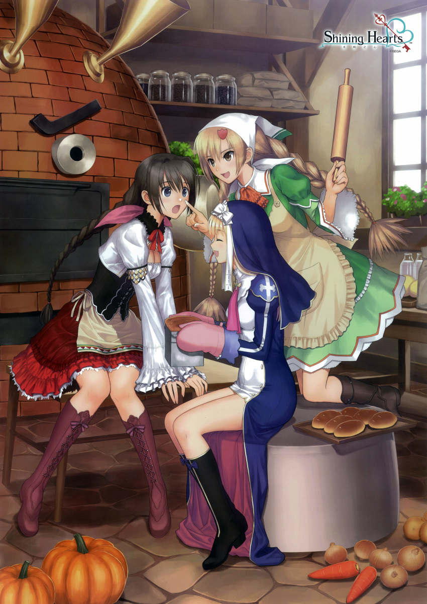 3girls absurdres boots braid bread breasts carrot cleavage copyright_name eari_(shining_hearts) food highres huge_filesize kitchen knee_boots manaflare_amil multiple_girls neris_(shining_hearts) nun onion oven pumpkin rolling_pin shining_(series) shining_hearts shining_world taka_tony tanaka_takayuki twin_braids