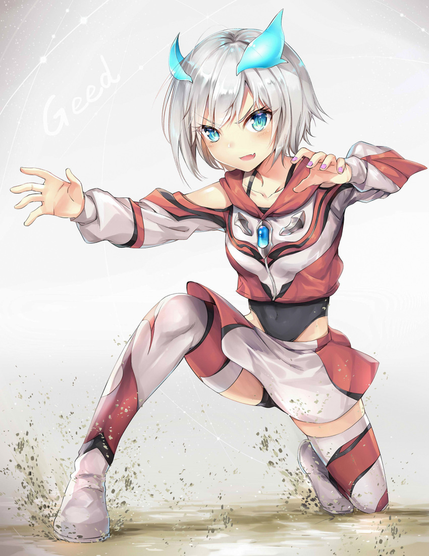 1girl :d aqua_eyes bangs black_leotard boots breasts character_name collarbone commentary covered_navel crop_top dirt eyebrows_visible_through_hair fang full_body gem genderswap genderswap_(mtf) grey_background grey_footwear grey_shirt grey_skirt hands_up headgear highres humanization leotard long_sleeves looking_at_viewer miniskirt nail_polish one_knee open_mouth outstretched_arm purple_nails red_footwear red_shirt red_skirt shiny shiny_hair shirt short_hair silver_hair skirt small_breasts smile solo spaghetti_strap taro_(ultrataro) thigh-highs thigh_boots tsurime ultra_series ultraman_geed ultraman_geed_(series) v-shaped_eyebrows