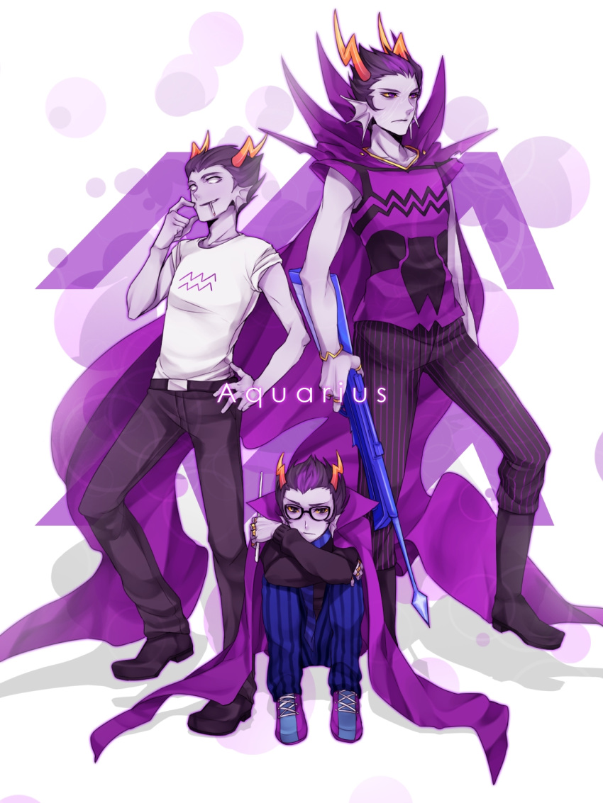 3boys aquarius black-framed_glasses black_hair cape cigarette cronus_ampora dual_persona eridan_ampora fang fangs frown gills glasses grey_skin harpoon highres homestuck horns jewelry multicolored_hair multiple_boys orphaner_dualscar piercing ring scar scarf short_hair sitting smile striped striped_scarf ti9931 two-tone_hair vertical-striped_pants vertical_stripes violet_eyes weapon white_eyes yellow_sclera