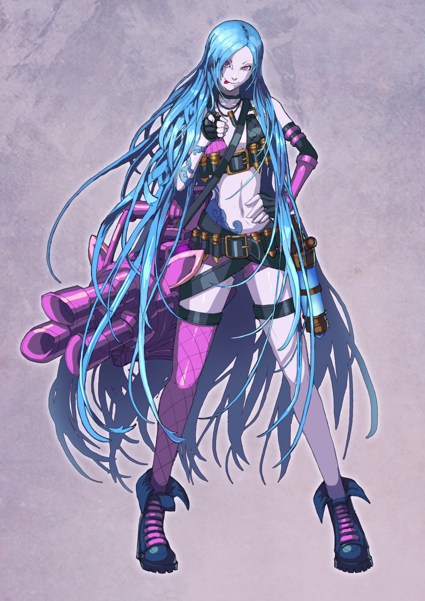 1girl absurdres artist_request bare_shoulders blue_hair boots braid fingerless_gloves flat_chest gloves hair_down highres jewelry jinx_(league_of_legends) league_of_legends long_hair necklace pink_eyes thigh-highs very_long_hair weapon