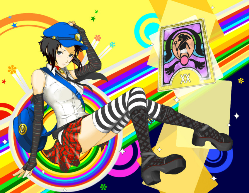 1girl artist_request bag black_eyes black_hair boots collar elbow_gloves fingerless_gloves gloves hand_on_headwear hat knee_boots looking_at_viewer marie_(persona_4) messenger_bag persona persona_4 persona_4_the_golden short_hair shoulder_bag sitting skirt sleeveless solo striped striped_legwear tarot thigh-highs zettai_ryouiki