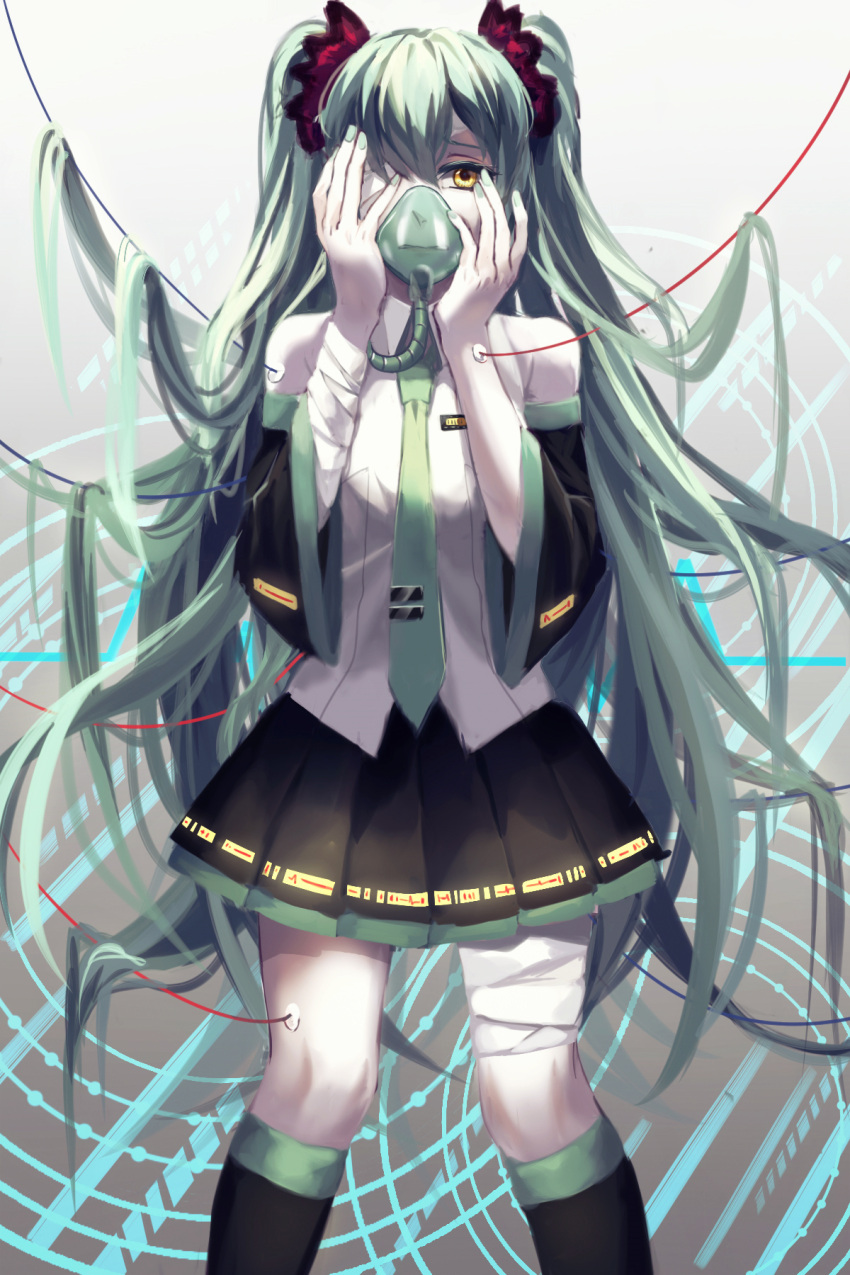 1girl bandage_over_one_eye bandages detached_sleeves green_hair hatsune_miku highres kneehighs lama-pacos long_hair nail_polish necktie oxygen_mask skirt solo twintails very_long_hair vocaloid yellow_eyes