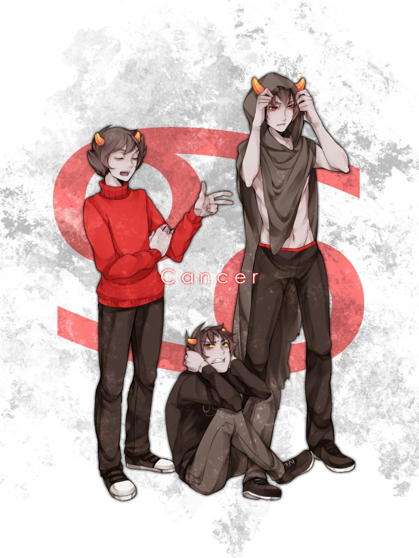 3boys adjusting_clothes black_hair cancer cape closed_eyes curled_up dual_persona fangs grey_skin highres homestuck hood horns kankri_vantas karkat_vantas multiple_boys open_mouth red_eyes sharp_teeth short_hair sitting sweater the_sufferer ti9931 topless yellow_sclera