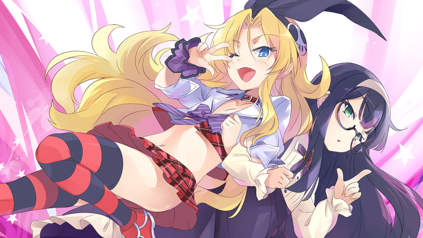2girls ;d black_hair blonde_hair blue_eyes character_request choker copyright_request glasses green_eyes hairband long_hair looking_at_viewer multiple_girls navel one_eye_closed open_mouth pleated_skirt pose rimless_glasses skirt smile striped striped_legwear thighhighs usatsuka_eiji v