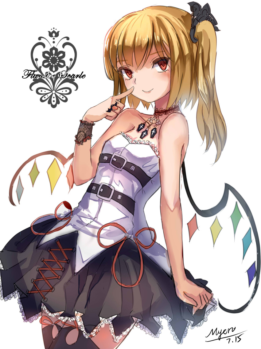 1girl absurdres alternate_costume bare_shoulders black_legwear blonde_hair blush flandre_scarlet gothic_lolita highres jewelry lolita_fashion looking_at_viewer myero red_eyes revision ring side_ponytail simple_background sketch smile solo thigh-highs touhou white_background wings