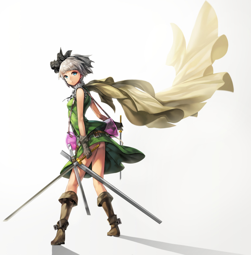 1girl adapted_costume bag bare_arms belt blue_eyes bowtie breasts cape dual_wielding gloves hair_ribbon hairband highres katana konpaku_youmu looking_at_viewer looking_back no_panties ribbon scabbard sheath sheathed short_hair shoulder_bag silver_hair skirt sleeveless small_breasts solo sword touhou vest weapon