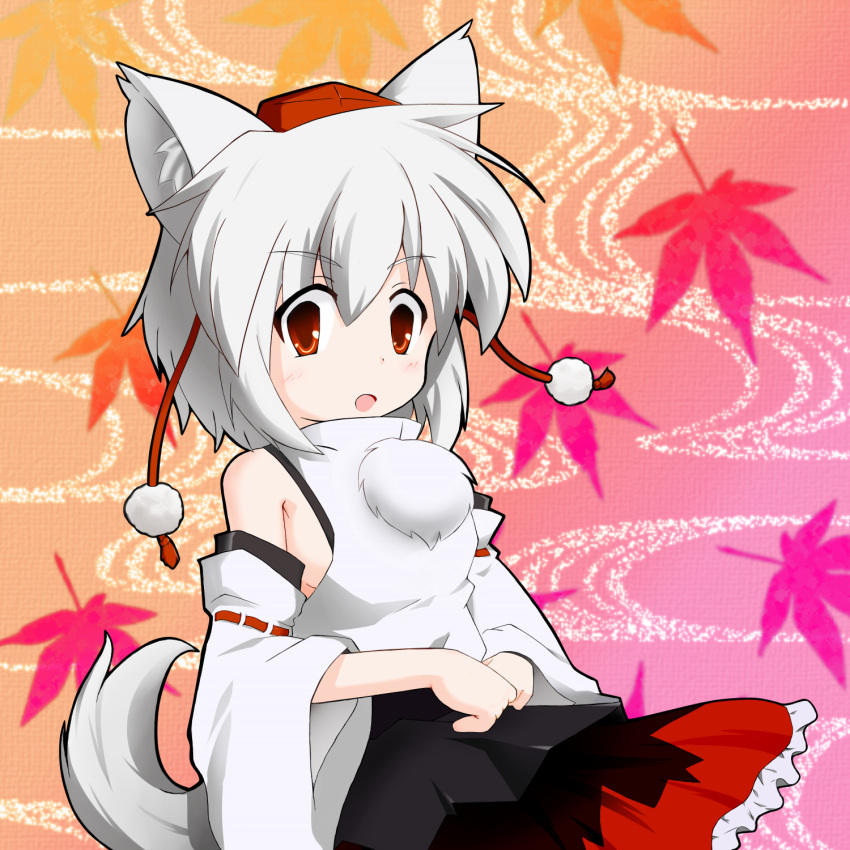 1girl animal_ears bare_shoulders blush breasts detached_sleeves hat highres inubashiri_momiji leaf looking_at_viewer maple_leaf no_bra open_mouth pom_pom_(clothes) red_eyes riku_(yzr500r2001) short_hair silver_hair solo tail tokin_hat touhou wolf_ears wolf_tail