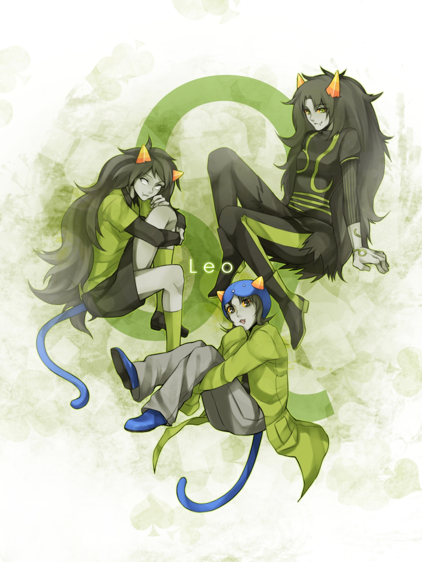 3girls black_hair boots coat dual_persona fang fangs green_eyes grey_skin highres homestuck horns leo long_hair meulin_leijon multiple_girls nepeta_leijon open_mouth oversized_clothes sharp_teeth short_hair sitting smile tail the_disciple ti9931 torn_clothes turtleneck very_long_hair white_eyes yellow_sclera