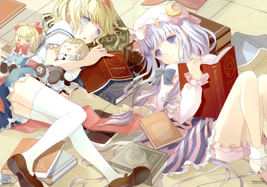 2girls absurdres alice_margatroid blonde_hair bloomers blue_dress blue_eyes book bow capelet character_doll crease crescent doll dress floor hair_bow hair_ornament hairband hat highres kirisame_marisa long_hair long_sleeves looking_at_another lying mary_janes mob_cap multiple_girls on_back on_side open_book open_mouth patchouli_knowledge puffy_sleeves purple_dress purple_hair sash scan shanghai_doll shoes short_hair short_sleeves socks thigh-highs tommy_(microstoria) touhou underwear violet_eyes white_legwear zettai_ryouiki