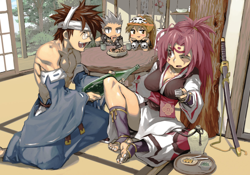 2boys 2girls amputee anji_mito baiken blush bottle breasts brown_eyes brown_hair chin_rest chipp_zanuff cleavage cup detached_sleeves glasses greaves guilty_gear hat headband japanese_clothes katana kimono large_breasts long_hair may_(guilty_gear) multiple_boys multiple_girls muscle one-eyed pince-nez pink_hair pirate_hat ponytail sake_bottle sheath sheathed shirtless silver_hair sitting spiky_hair sword weapon wide_sleeves ysk! |_|