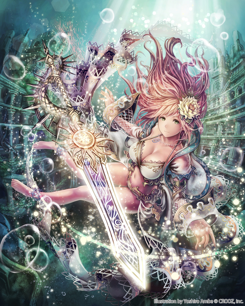 1girl anbe_yoshirou anklet barefoot bikini brown_hair bubble detached_sleeves dress fishnets flower freediving green_eyes hair_flower hair_ornament highres jewelry light_smile long_hair lotus magic necklace ruins shinma_x_keishou!_ragnabreak solo swimming swimsuit sword underwater water weapon