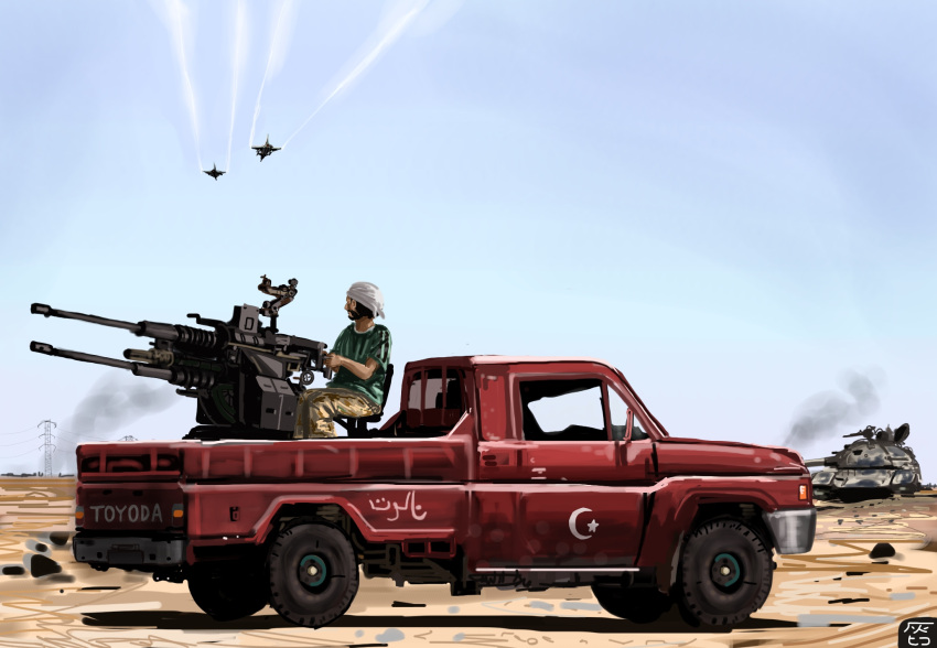 1boy aircraft antiaircraft_weapon arabic blue_sky car commentary_request hai_to_hickory head_scarf highres military military_vehicle motor_vehicle original sky smoke syria tank vehicle