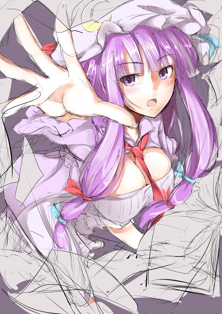 1girl absurdres book breasts cleavage_cutout crescent_hair_ornament from_above hair_ornament hair_ribbon hat highres large_breasts looking_at_viewer looking_up neck_ribbon neropaso open_mouth papers patchouli_knowledge purple_hair ribbon sketch solo touhou tress_ribbon violet_eyes