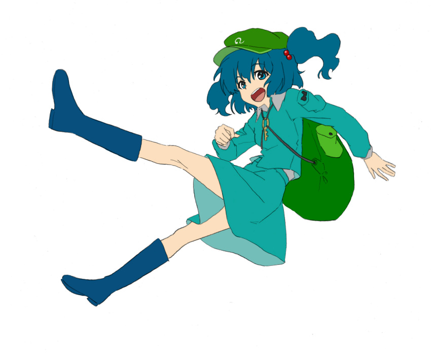 1girl backpack bag blue_eyes blue_hair boots dress hair_bobbles hair_ornament hat highres kawashiro_nitori key long_sleeves open_mouth pocket rubber_boots shiratama_(hockey) short_hair short_twintails simple_background skirt skirt_set solo touhou twintails white_background