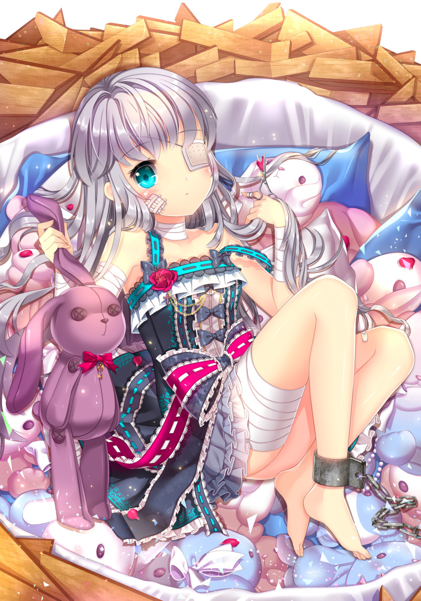 1girl absurdres agrt bandages bandaid bare_shoulders barefoot blue_eyes blush chain child cuffs dress eyepatch flower frilled_dress frills highres iri_flina long_hair looking_at_viewer lying nest ribbon scissors shackles silver_hair solo stuffed_animal stuffed_bunny stuffed_toy sword_girls younger
