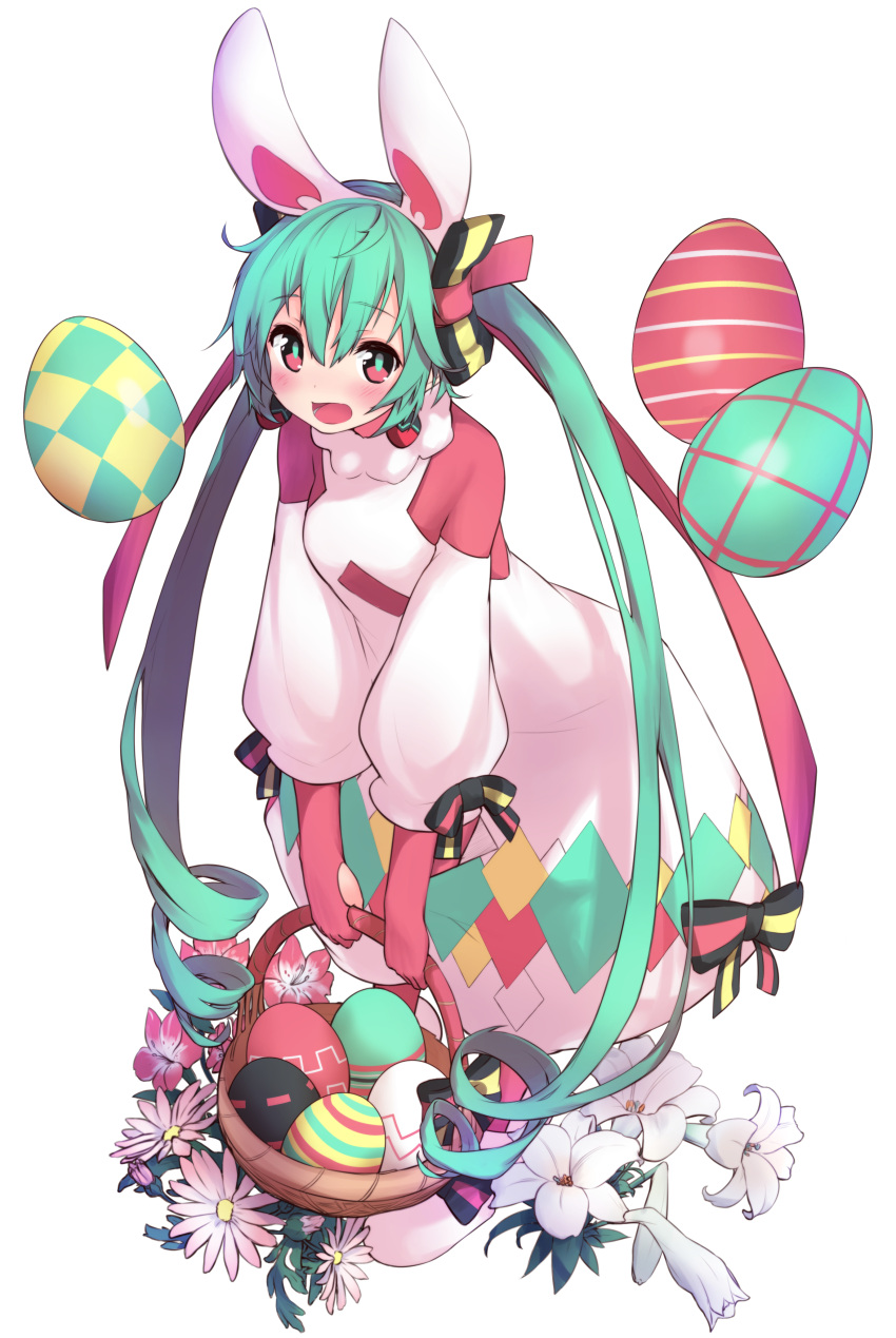 1girl absurdres animal_ears basket dress easter_egg flower green_hair hatsune_miku highres leaning_forward long_hair looking_at_viewer open_mouth rabbit_ears relila simple_background solo twintails very_long_hair vocaloid white_background