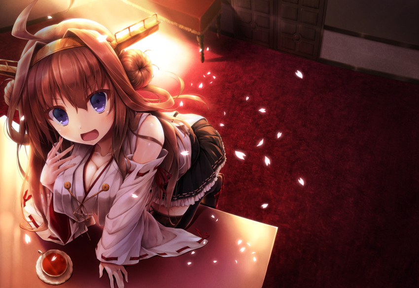 1girl ahoge bare_shoulders black_legwear breasts brown_hair cherry_blossoms cleavage cup hairband kantai_collection kongou_(kantai_collection) leaning_forward long_hair looking_at_viewer nontraditional_miko open_mouth petals saucer skirt smile solo suien table tea teacup thigh-highs violet_eyes wide_sleeves