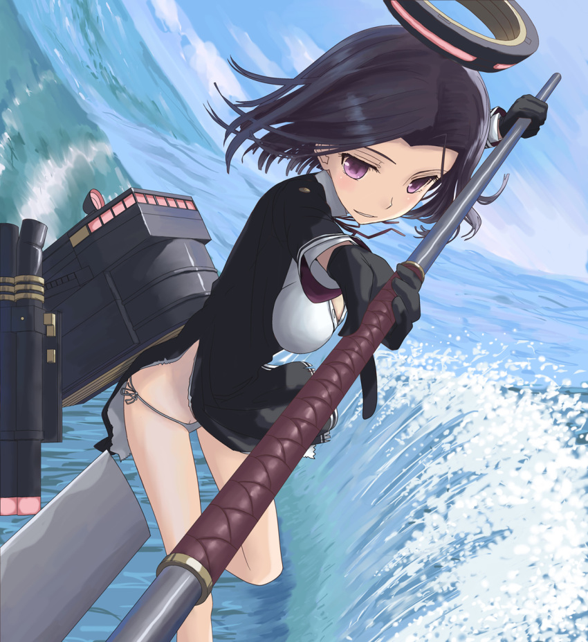 &gt;:) 1girl black_gloves gloves highres holding kantai_collection looking_at_viewer machinery mechanical_halo mocha ocean panties parted_lips polearm purple_hair school_uniform short_hair side-tie_panties smile solo spear tatsuta_(kantai_collection) underwear violet_eyes weapon