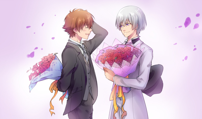 2boys bouquet bow brown_hair closed_eyes eye_contact flower formal highres kakumeiki_valvrave l-elf looking_at_another multiple_boys necktie open_mouth petals red_rose rose short_hair silver_hair smile suit tokishima_haruto violet_eyes