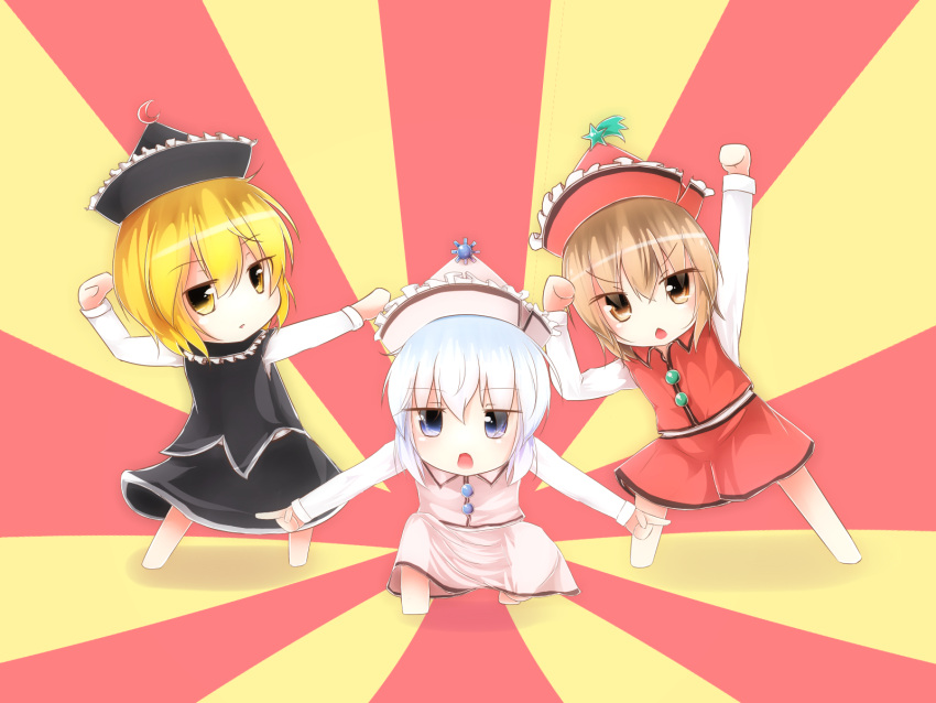 3girls barefoot bikuseno blonde_hair blue_eyes blue_hair brown_eyes brown_hair chibi crescent ginyu_force_pose hat highres looking_at_viewer lunasa_prismriver lyrica_prismriver macedonian_flag merlin_prismriver multiple_girls pose short_hair star sun touhou yellow_eyes