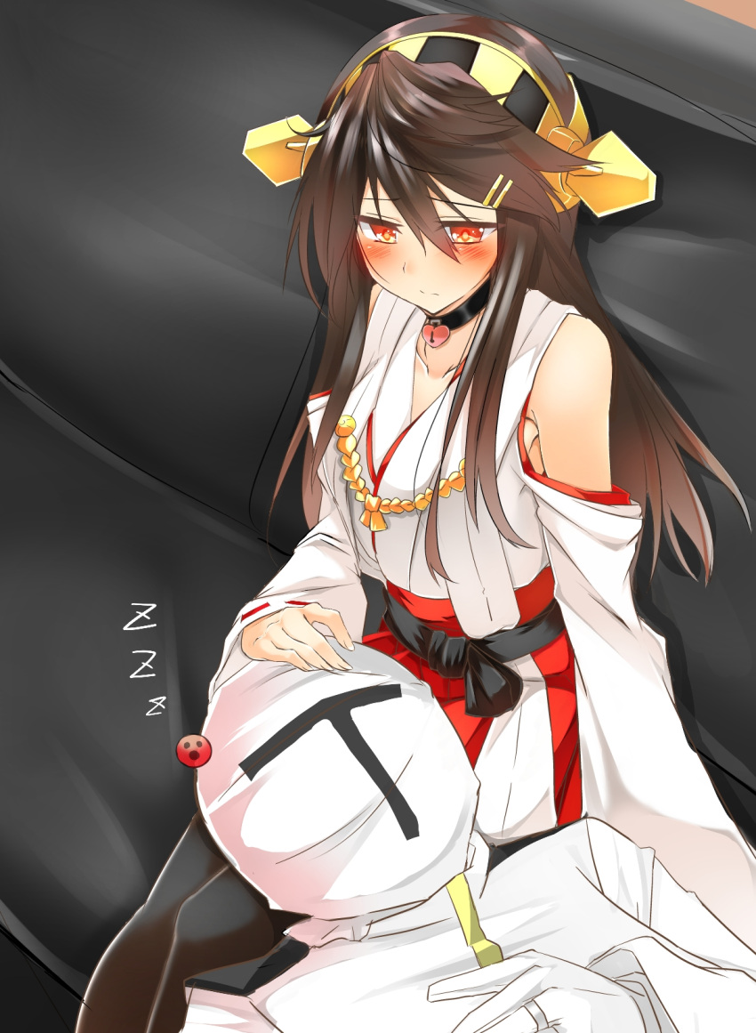 1boy 1girl admiral_(kantai_collection) blush brown_eyes brown_hair choker couch detached_sleeves gloves hair_ornament hairband hairclip haruna_(kantai_collection) heart highres jewelry kantai_collection lap_pillow long_hair lying_on_person naval_uniform nontraditional_miko petting ring sitting sleeping_on_person tsukui_kachou wedding_band white_gloves zzz
