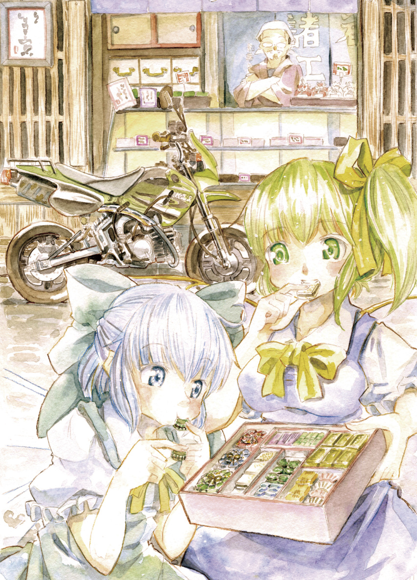1boy bag bandana blouse blue_dress blue_eyes blue_hair bow box breasts cirno cookie daiyousei dress dress_shirt eating fairy_wings food green_eyes green_hair hair_bow hair_ribbon highres ice ice_wings japanese_clothes master_(4th) motor_vehicle motorcycle multiple_girls puffy_short_sleeves puffy_sleeves ribbon shirt shop short_hair short_sleeves side_ponytail smile touhou traditional_media vehicle watercolor_(medium) wings