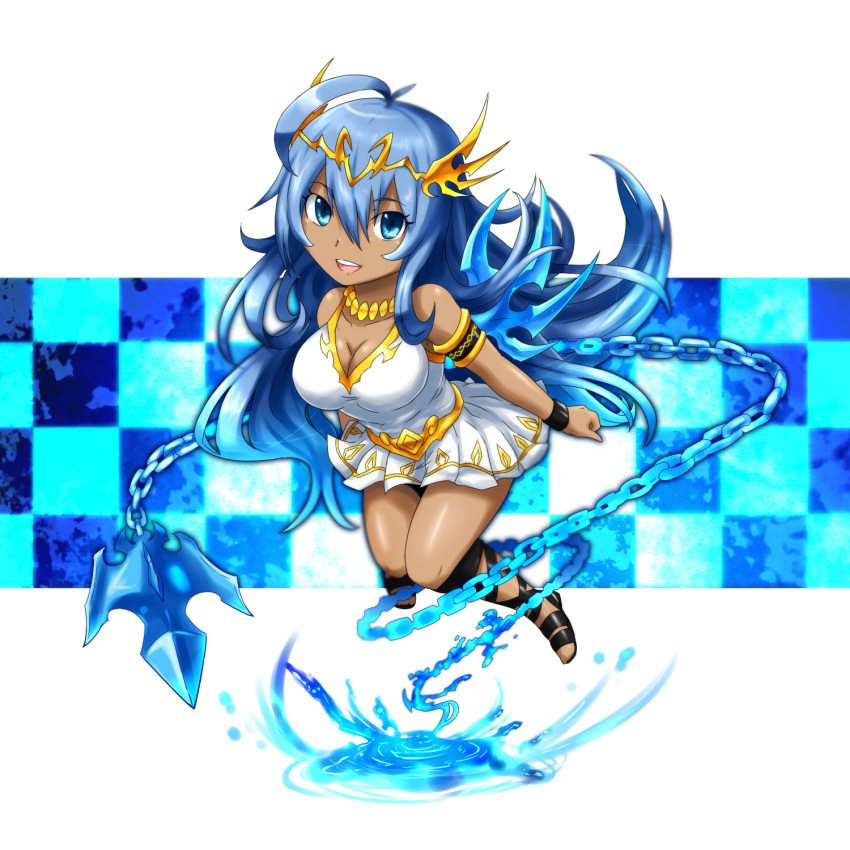 1girl :d ahoge andromeda_(p&amp;d) armlet bare_shoulders belt blue_eyes blue_hair bracelet breasts chain checkered cleavage cross-laced_footwear dark_skin dress full_body headpiece highres jewelry knees_together knees_together_feet_apart long_hair necklace obiobinageki open_mouth pleated_dress puzzle_&amp;_dragons sleeveless sleeveless_dress smile solo white_background white_dress