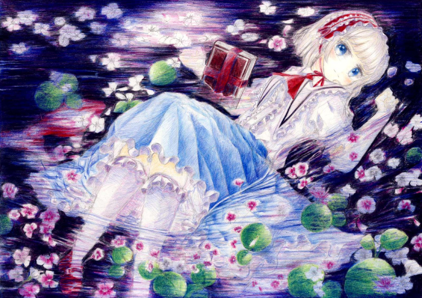 1girl adapted_costume alice_margatroid blonde_hair blouse blue_eyes book capelet clenched_hand colored_pencil_(medium) darkkanan expressionless flower frilled_legwear graphite_(medium) grimoire hairband highres kneehighs lily_pad lolita_hairband looking_at_viewer lying mary_janes on_back partially_submerged petals shoes short_hair skirt solo touhou traditional_media white_legwear