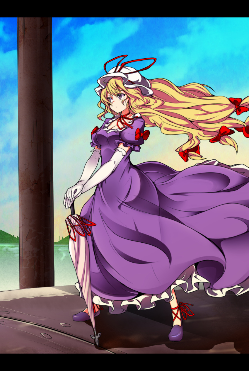 1girl absurdres arched_back baba_(pixiv3422465) blonde_hair blue_sky breasts choker cleavage clouds dress elbow_gloves flowing_dress frilled_dress frills gloves hair_ribbon hands_together highres hill hips lake long_hair mob_cap platform puffy_sleeves purple_dress ribbon ribbon_choker short_sleeves sky touhou umbrella very_long_hair violet_eyes waiting wind yakumo_yukari