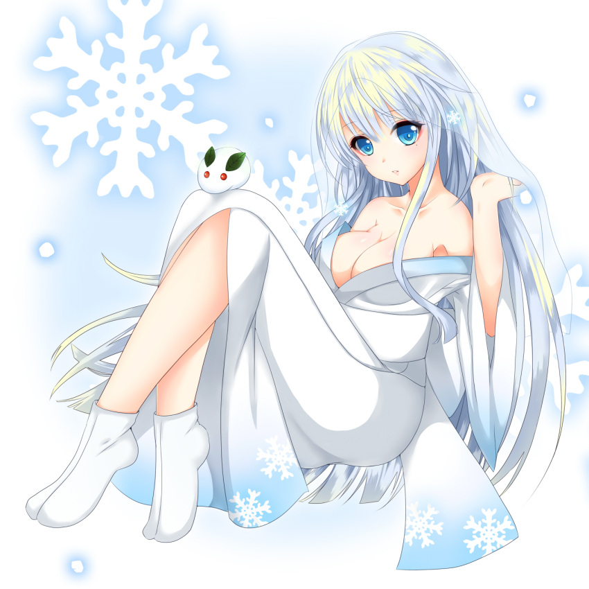 1girl blue_eyes blue_hair breasts cleavage crossed_legs gradient_clothes hasu_(velicia) highres japanese_clothes kimono long_hair makeup obi off_shoulder original parted_lips rabbit sash sitting snow snowflakes solo traditional_clothes veil white_clothes wide_sleeves yuki_onna