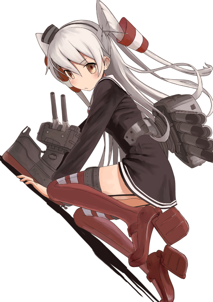&gt;:/ 1girl amatsukaze_(kantai_collection) brown_eyes dutch_angle hair_ornament hair_tubes hairband highres kantai_collection kneeling long_hair looking_at_viewer machinery mocha rensouhou-kun silver_hair turret two_side_up