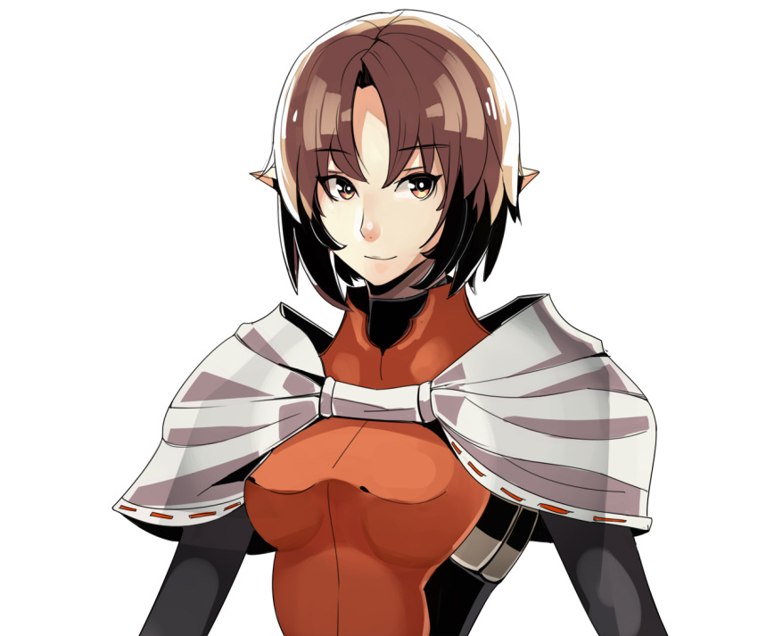 1360110 1girl armor brown_eyes brown_hair hiro_(spectral_force) light_smile pointy_ears short_hair solo spectral_(series) spectral_force white_background