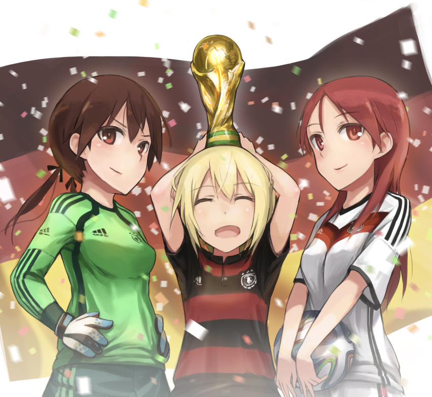 2014_fifa_world_cup 3girls absurdres ball blonde_hair brazuca brown_eyes brown_hair confetti erica_hartmann german_flag gertrud_barkhorn goalkeeper hair_ribbon happy highres lif long_hair looking_at_viewer minna-dietlinde_wilcke multiple_girls ribbon smile soccer soccer_ball soccer_uniform sportswear standing strike_witches trophy twintails world_cup