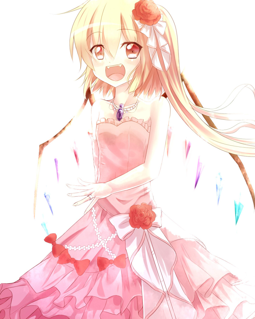 1girl :d blonde_hair bloom bow brooch dei_(dirmu) dress fangs flandre_scarlet flat_chest flower hair_flower hair_ornament highres jewelry open_mouth red_eyes ring short_hair side_ponytail smile solo touhou wedding_dress wedding_ring wings