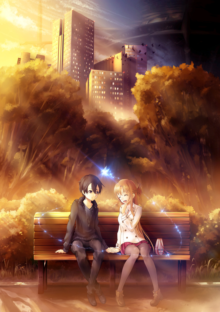 1boy 1girl ajigo asuna_(sao) bench black_hair brown_hair building couple fairy highres kirito long_hair scenery short_hair sitting sword_art_online tree yuuki_asuna