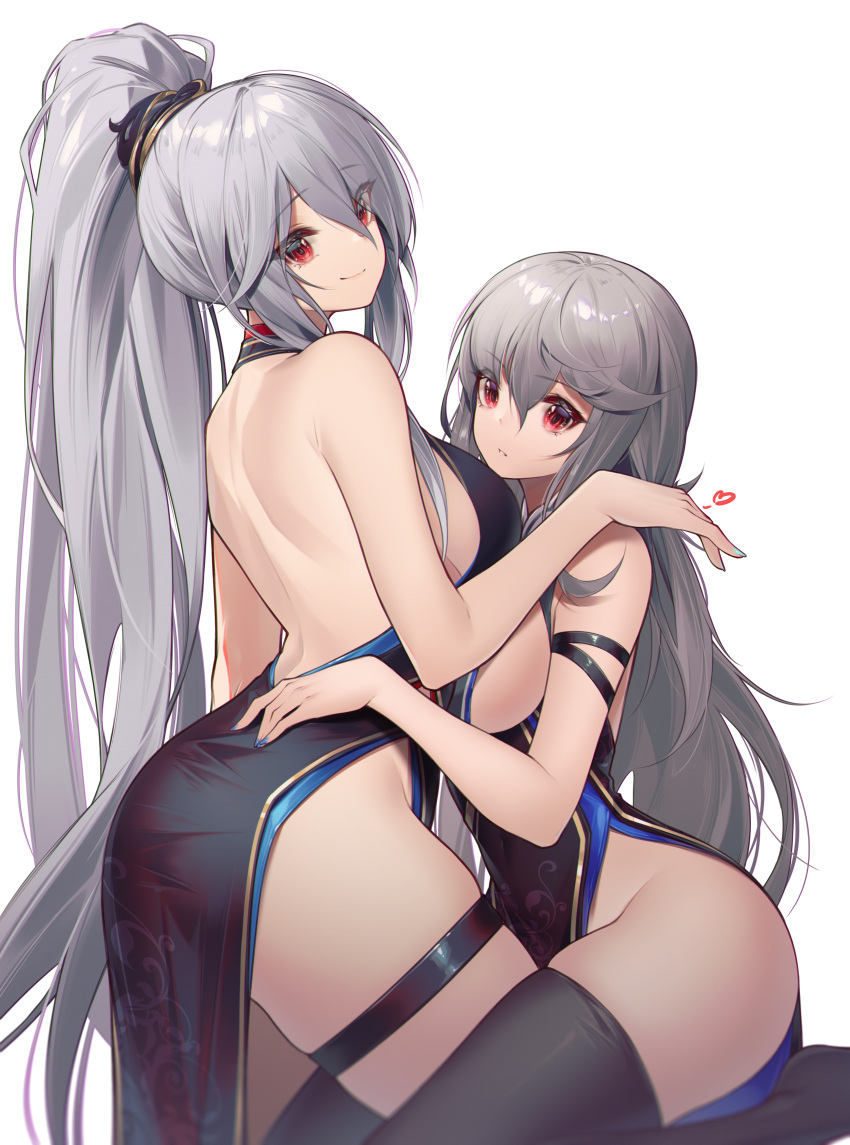 2girls absurdres alternate_costume alternate_hairstyle arknights ass bare_back bare_shoulders black_dress black_legwear breasts commentary_request dress groin heart highres jiusan_naitan large_breasts looking_at_viewer multiple_girls ponytail skadi_(arknights) specter_(arknights) thick_thighs thigh-highs thigh_strap thighs