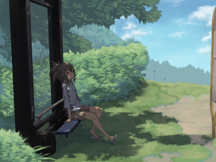 1girl absurdres auru_t brown_hair bush casual denim highres jewelry mouth_hold original pendant ponytail popsicle red_eyes sandals shorts sign sitting sky solo tree tree_shade