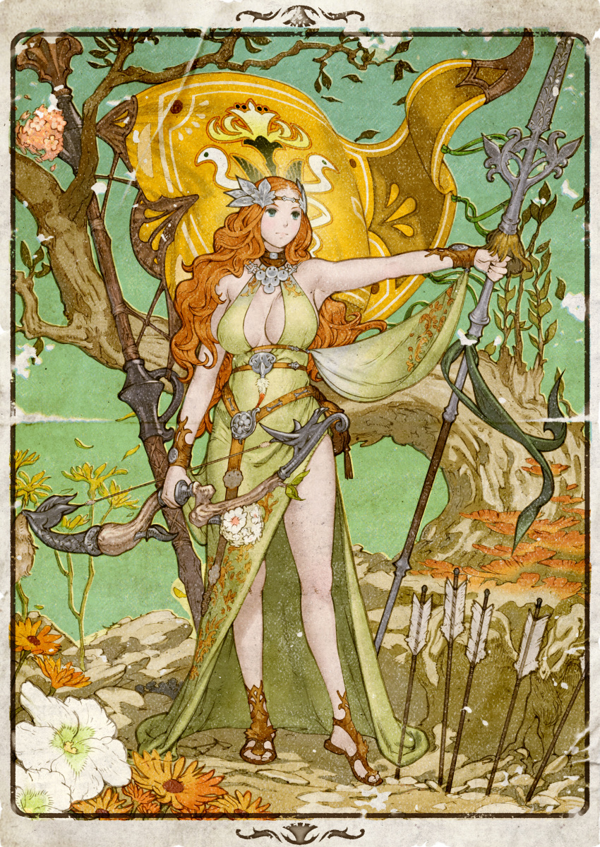 1girl absurdres arrow banner bare_legs blue_eyes bow_(weapon) breasts cleavage dress final_fantasy final_fantasy_xiv flag flower hair_ornament highres huge_filesize lance large_breasts leaf_hair_ornament long_hair nophica official_art orange_hair outstretched_arm planted_arrow polearm sandals side_slit solo tree wavy_hair weapon yoshida_akihiko