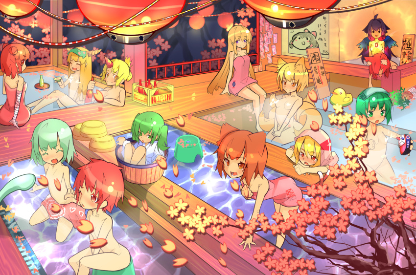 6+girls :d alcohol animal_ears arm_support bandaged_arm basket bathhouse black_eyes black_hair black_wings blonde_hair blush bottle bow breasts cat_ears cat_girl cat_tail character_check chen cherry_blossoms colored_eyelashes double_bun drinking dying feathered_wings fox_ears fox_girl fox_tail green_eyes green_hair hair_bow hair_up hakurei_reimu highres horn horns hoshiguma_yuugi ibaraki_kasen indoors japanese_clothes kaenbyou_rin kisume komeiji_koishi komeiji_satori lantern large_breasts leaning_forward long_hair looking_at_another looking_at_viewer looking_back looking_to_the_side multiple_girls multiple_tails naked_towel naomoto nude one_eye_closed open_mouth orange_hair paper_lantern partially_submerged petals pink_eyes pink_hair poster_(object) public_bath radiation red_eyes redhead reiuji_utsuho rumia sake seiza short_hair short_twintails shower siblings sisters sitting small_breasts smile steam tail talismans third_eye tokkuri tongue tongue_out touhou towel towel_on_head traditional_clothes translation_request tree twintails violet_eyes wings wooden_floor wooden_wall wriggle_nightbug yakumo_ran yakumo_yukari yukkuri_shiteitte_ne