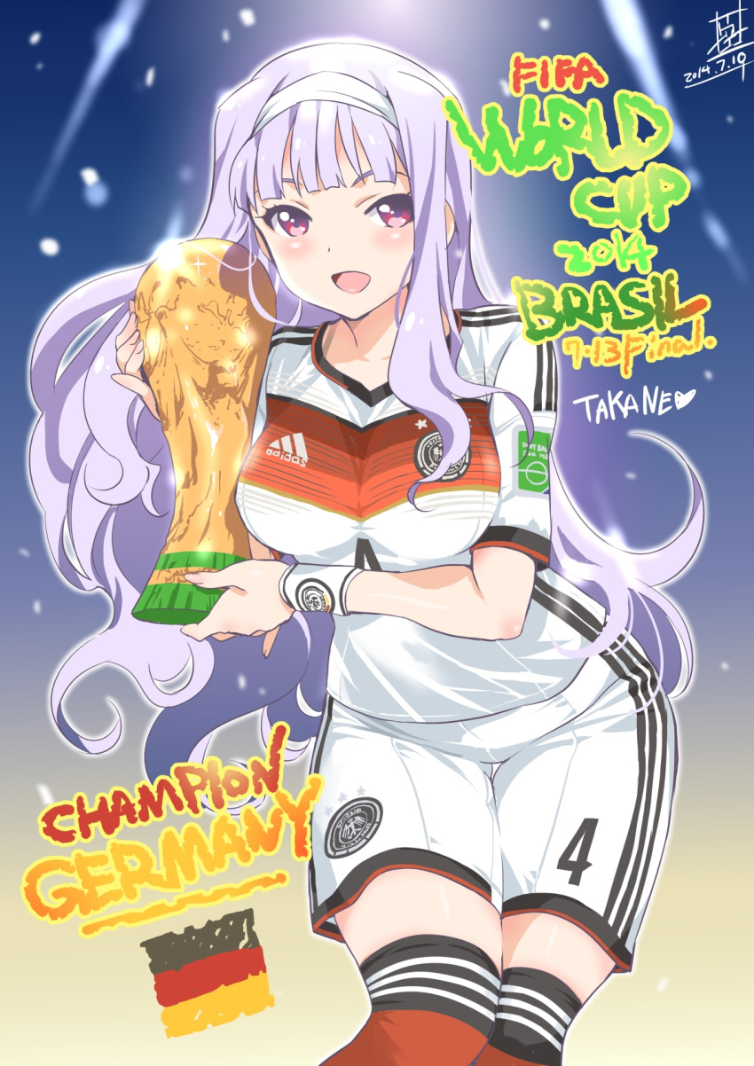 1girl 2014_fifa_world_cup blush breasts dated german_flag hairband highres idolmaster inoue_sora large_breasts long_hair looking_at_viewer open_mouth shijou_takane shorts signature silver_hair smile soccer soccer_uniform solo sportswear thigh-highs trophy violet_eyes world_cup