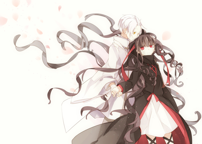 1boy 1girl azami_(kagerou_project) black_hair couple donut_(artist) fingerless_gloves gloves hetero highres holding_hands husband_and_wife kagerou_project long_hair red_eyes ribbon scales short_hair tsukihiko_(kagerou_project) very_long_hair white_hair yellow_eyes