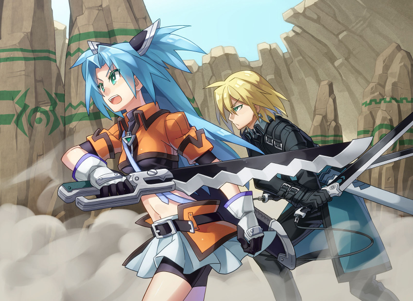 1boy 1girl aqua_hair bike_shorts blonde_hair chroma000 gauntlets green_eyes hair_ornament highres holding long_hair navel open_mouth original pleated_skirt skirt sword tagme two_side_up weapon wind