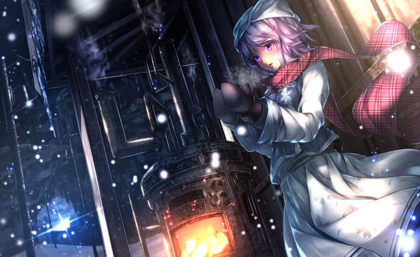 1girl blush breasts hat highres icicle letty_whiterock mittens open_mouth purple_hair ryosios scarf short_hair snow snowing solo stove touhou violet_eyes