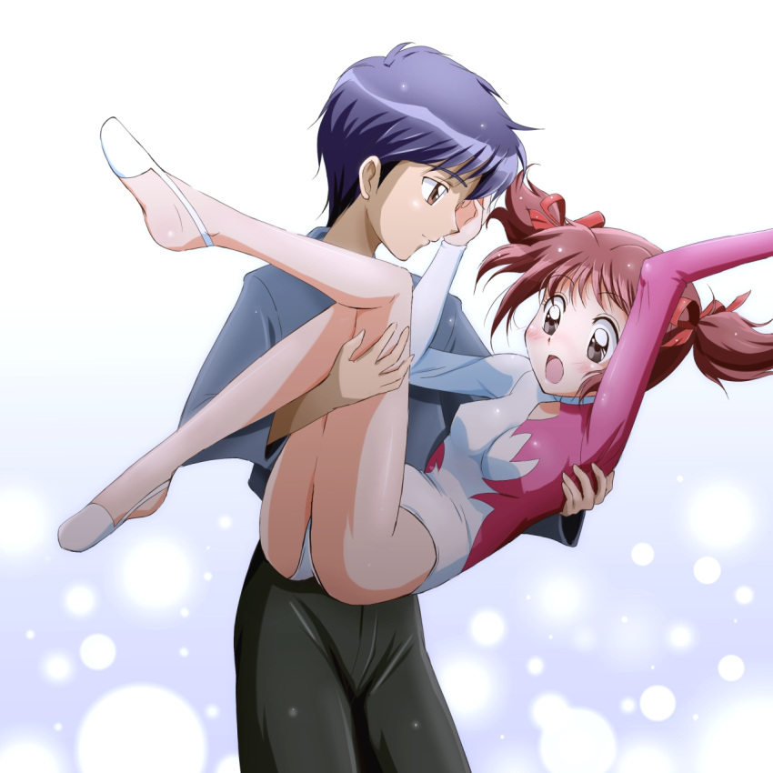 1boy 1girl aoyama_masaya brown_eyes brown_hair carrying couple eye_contact hakama highres japanese_clothes kinfuji leotard looking_at_another momomiya_ichigo princess_carry short_hair tokyo_mew_mew twintails